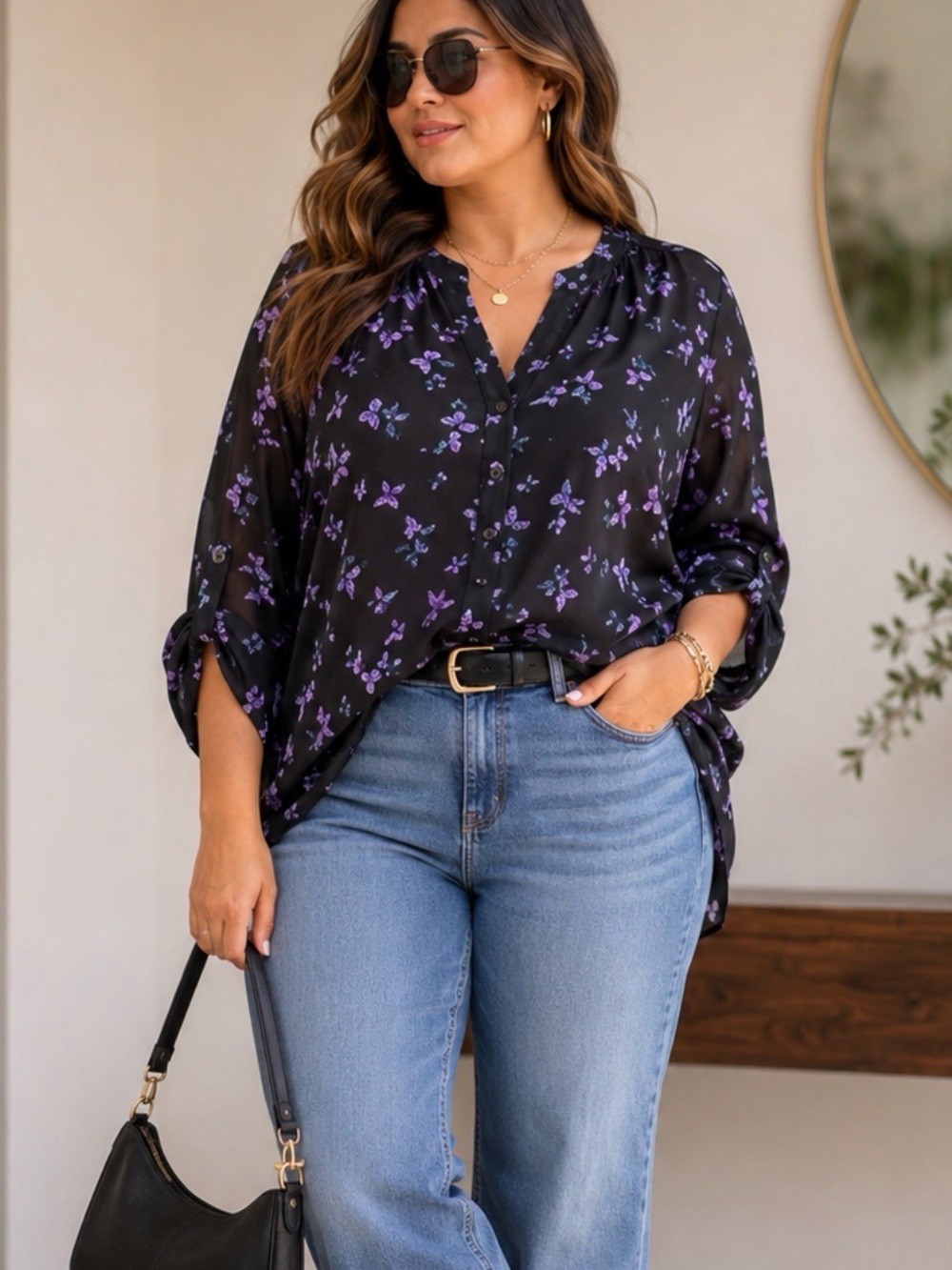 Catherines Black Purple Floral Butterfly Print Blouse 2X Whimsigoth Boho Career